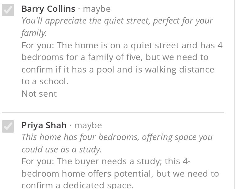 Buyers matched to a new listing, each with Ali's reason