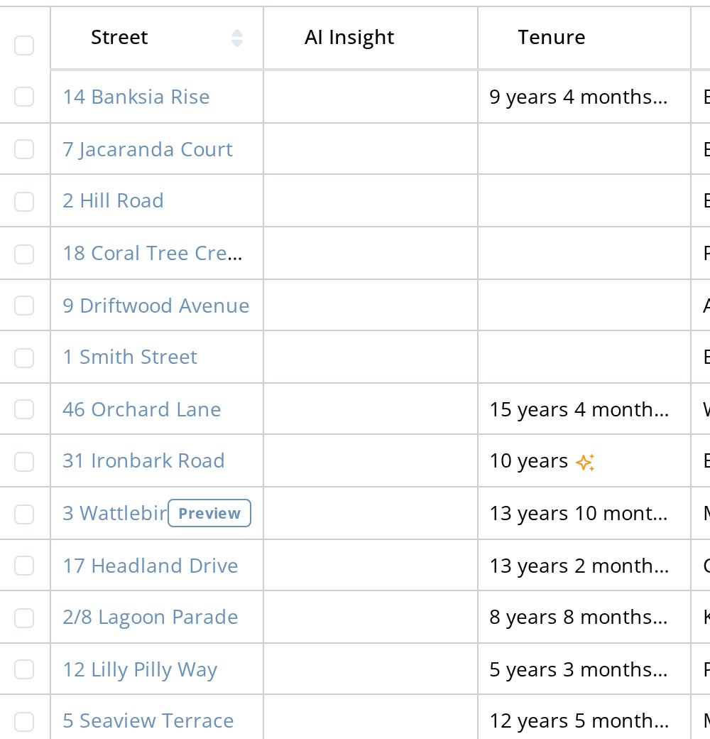 AgentAI Properties list: the Tenure column shows how long each owner has owned their home