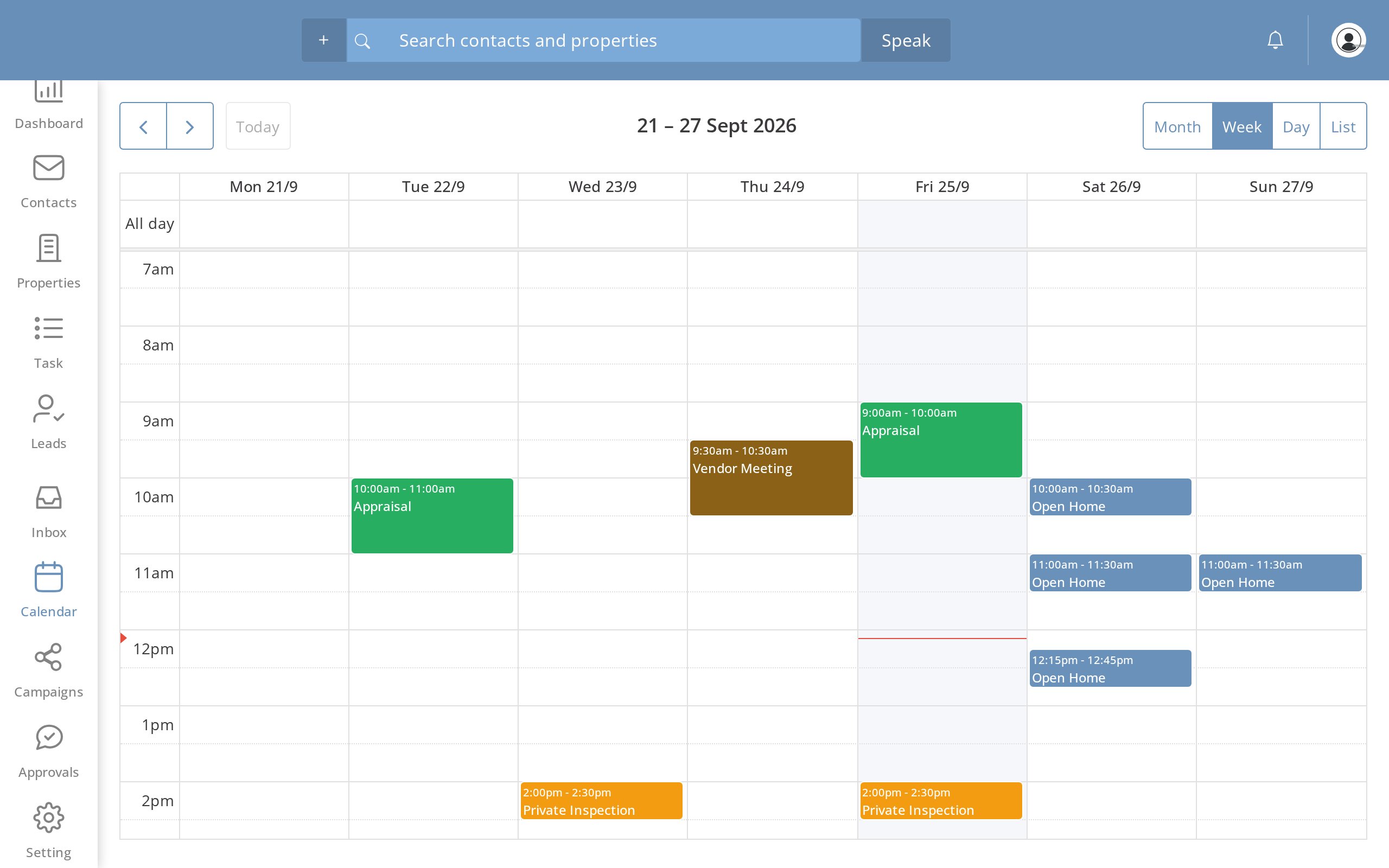Calendar week view with appraisals, inspections and open homes