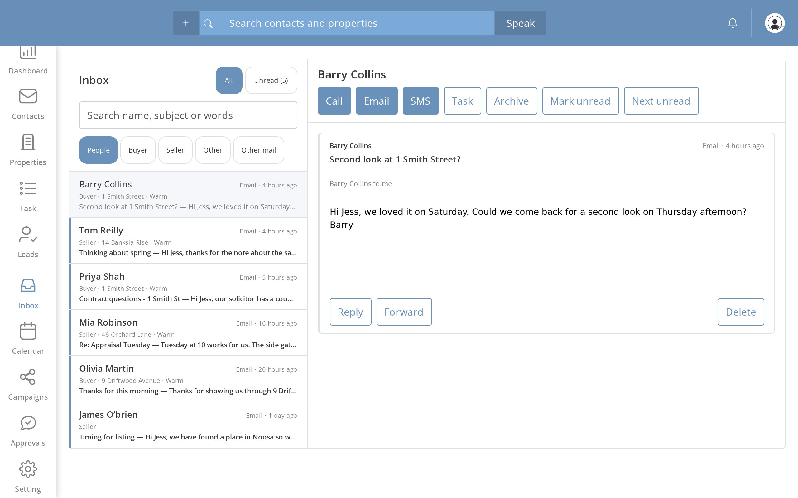Inbox with buyers and sellers labelled and an email open